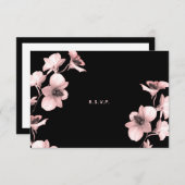 ブラックの招待状に白い蘭のピンクの色合い RSVP カード (正面/裏面)