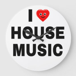 ブラックの文字にホワイトの背景で"I LOVE HOUSE MUSIC" ラージ壁時計