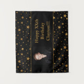 ブラックの星空にメッセージと写真を飾る誕生日 タペストリー (正面)