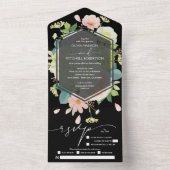 ブラックの水色フローラ結婚ズ オールインワン招待状 (内側)