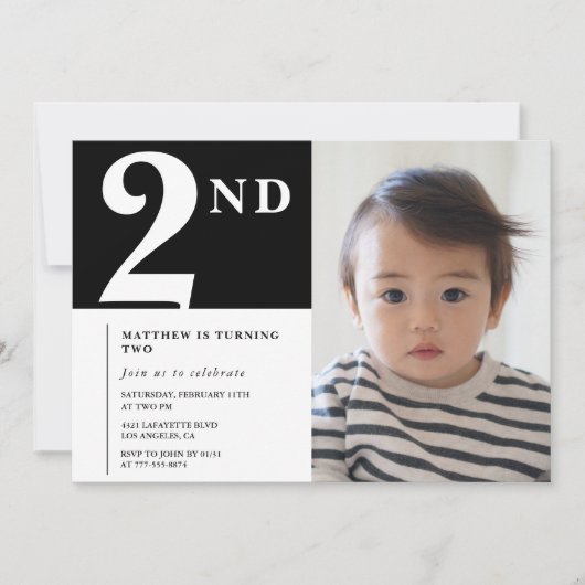 ブラックの男の子2歳の誕生日招待状 フォト 招待状 (正面)