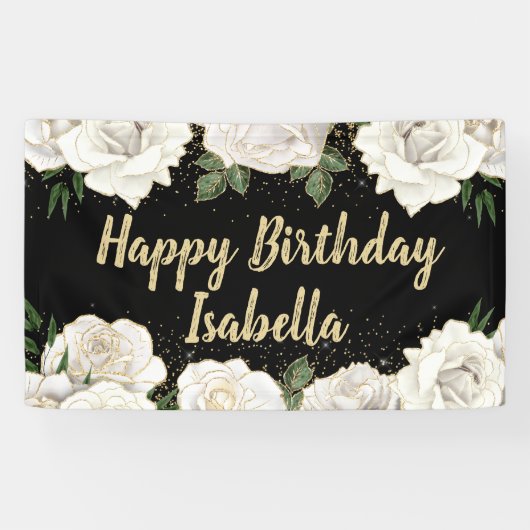 ブラックの白バラとゴールドラメのハッピーバースデー 名前入り 横断幕 (横)