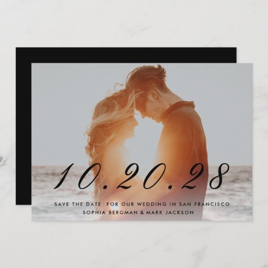 ブラックの筆記体の結婚式の日付 セーブザデート (正面/裏面)