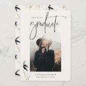 ブラックの筆記体肖像卒業アーチ写真 案内状 (正面/裏面)