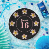 ブラックの紙皿にSweet+16とピンクの花 ペーパープレート (パーティー)