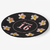 ブラックの紙皿にSweet+16とピンクの花 ペーパープレート (アングル)