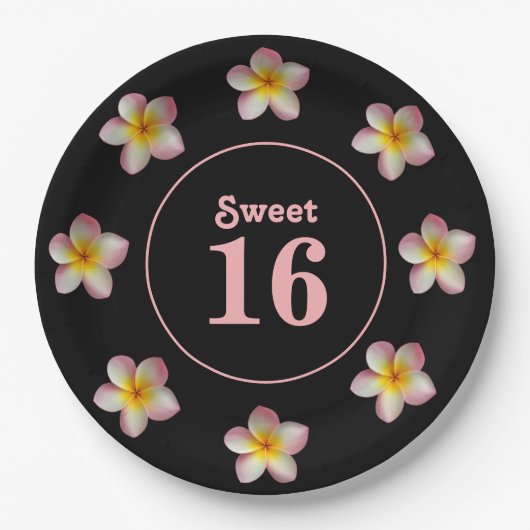 ブラックの紙皿にSweet+16とピンクの花 ペーパープレート (正面)