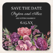 ブラックの結婚式の保存の日付 紫の花 スクエアペーパーコースター (正面)