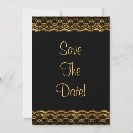 ブラックの結婚式のSave The Dateに金のレース 招待状 (正面)