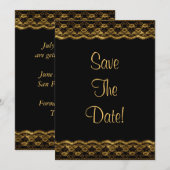 ブラックの結婚式のSave The Dateに金のレース 招待状 (正面/裏面)