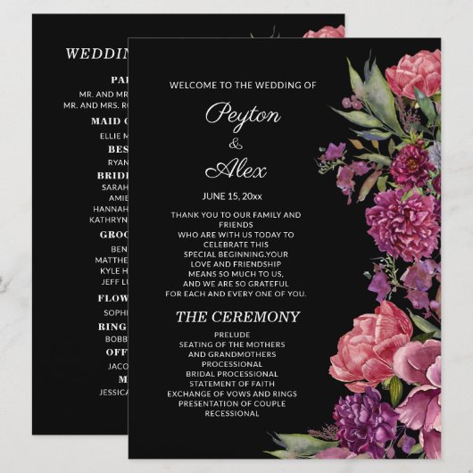 ブラックの結婚式パーティー用紫とピンクの花柄 プログラム (正面/裏面)