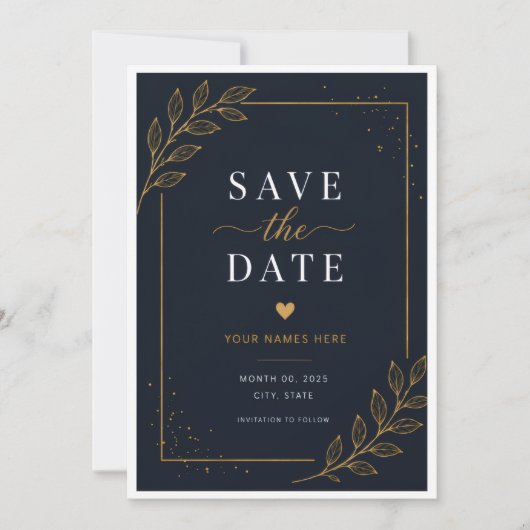 ブラックの結婚式日程カード セーブザデート (正面)