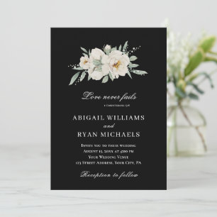 ブラックの聖書に白いバラの花束を飾ったクリスチャンの結婚式 招待状