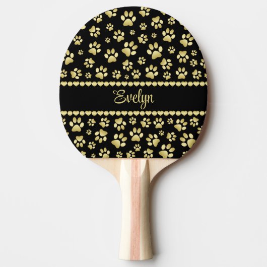 ブラックの背景にカスタムネーム入りゴールドの足跡 卓球ラケット (正面)