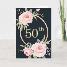 ブラックの背景にピンクの花 50周年記念結婚式 カード