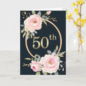 ブラックの背景にピンクの花 50周年記念結婚式 カード (黄色い花)