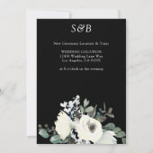 ブラックの背景にホワイト&ダスティーブルーの花模様の変更日付カード 招待状 (裏面)