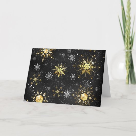 ブラックの背景に金のクリスマスの雪の結晶 カード (正面)
