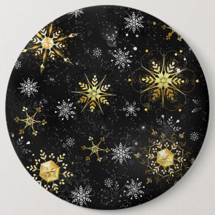 ブラックの背景に金のクリスマスの雪の結晶 缶バッジ
