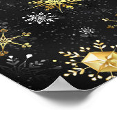 ブラックの背景にXmasゴールドの雪の結晶 ポスター (角)