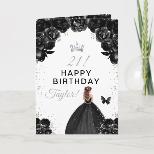 ブラックの花柄ブラウン髪の女の子お誕生日おめでとう カード (正面)