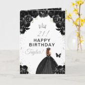 ブラックの花柄ブラウン髪の女の子お誕生日おめでとう カード (黄色い花)
