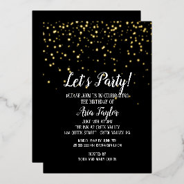 ブラックの誕生日パーティーゴールドにLet's Party Confetti 箔招待状