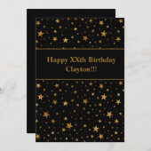 ブラックの誕生日メッセージ付きゴールドスター 招待状 (正面/裏面)