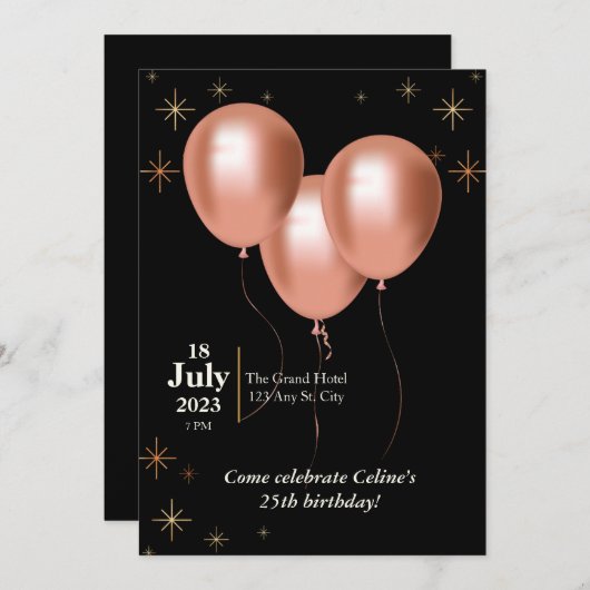 ブラックの誕生日招待状 - ローズゴールドの風船付き 招待状 (正面/裏面)