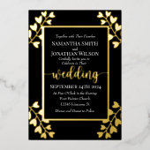 ブラックの金ゴールドにハート型結婚の花 箔招待状 (正面)