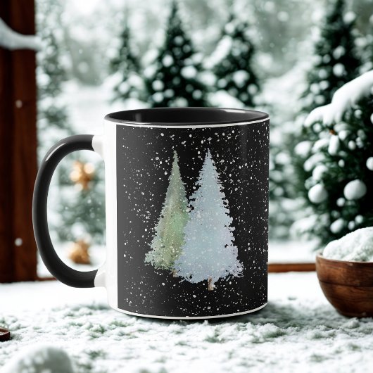 ブラックの雪の結晶 冬の水彩クリスマスツリー マグカップ