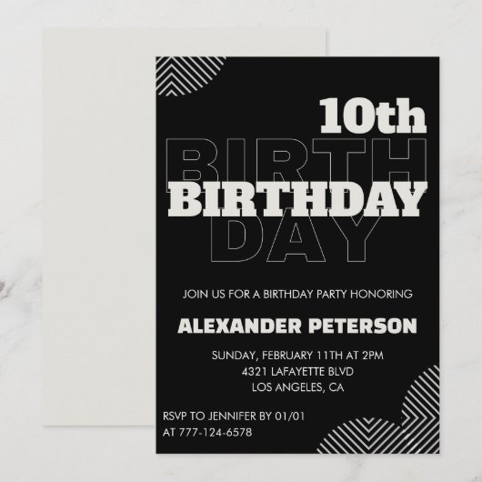 ブラックの10歳の誕生日招待状 パーティーボーイ 招待状 (正面/裏面)
