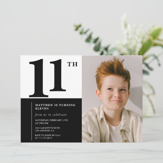 ブラックの11歳の誕生日招待状 エレガント シック 招待状 (スタンド正面)