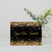 ブラックの40歳誕生日に偽のゴールドグリッター 箔招待状ポストカード (立ち正面)