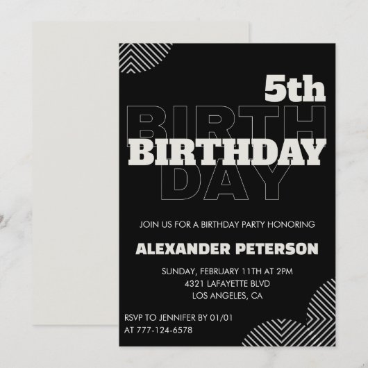 ブラックの5歳の誕生日招待状パーティーボーイ 招待状 (正面/裏面)