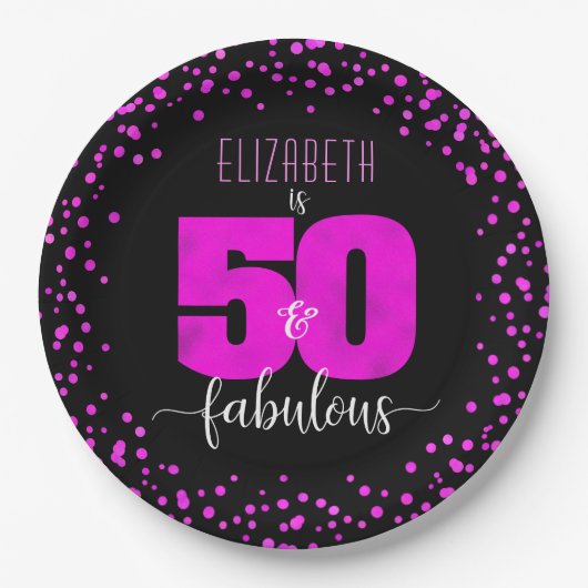 ブラックの50th素晴らしい誕生日ホットピンクのホイルドット ペーパープレート (正面)