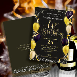 ブラックの60歳の誕生日お祝い招待状 キラキラ風船 サンキューカード