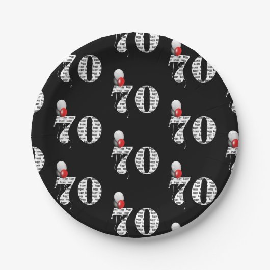 ブラックの70th誕生日パーティー風船 ペーパープレート (正面)