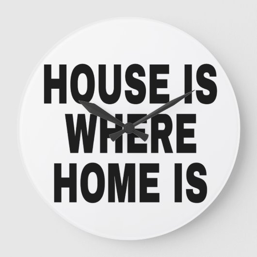 ブラックのHOUSE IS WHERE HOME IS文字 白背景 ラージ壁時計 (正面)