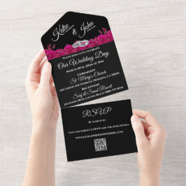 ブラックのQRコード結婚の明るい赤紫色ランRSVP- オールインワン招待状