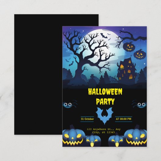 ブラックはっきりしたおよびブルーのハローウィンパーティ仮想 招待状 (正面/裏面)