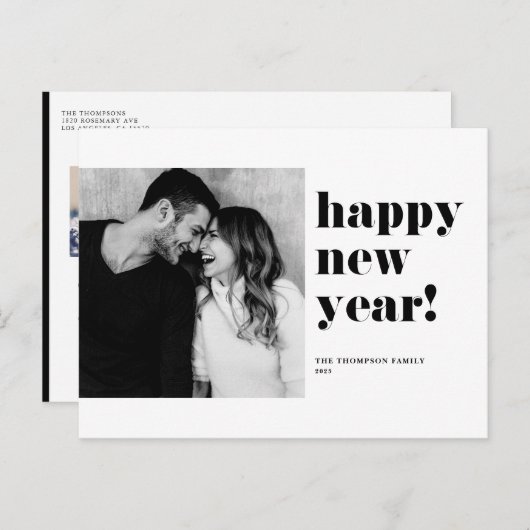 ブラックはっきりしたはっきりしたタイポグラフィハッピーニューイヤー写真 シーズンポストカード (正面/裏面)