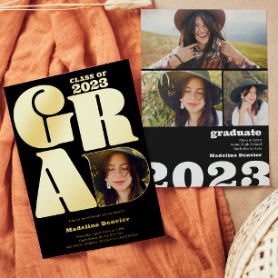 ブラックはっきりしたオーバーサイズのGrad 4写真2023卒業 箔招待状