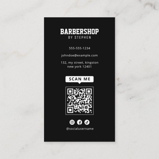 ブラックはっきりしたバーバーショップヘアドレッサー美容師 名刺 (裏面)