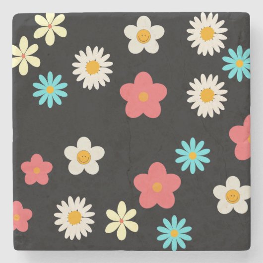 ブラックはっきりしたY2Kワイルドフラワー鮮やか春デコール ストーンコースター (正面)