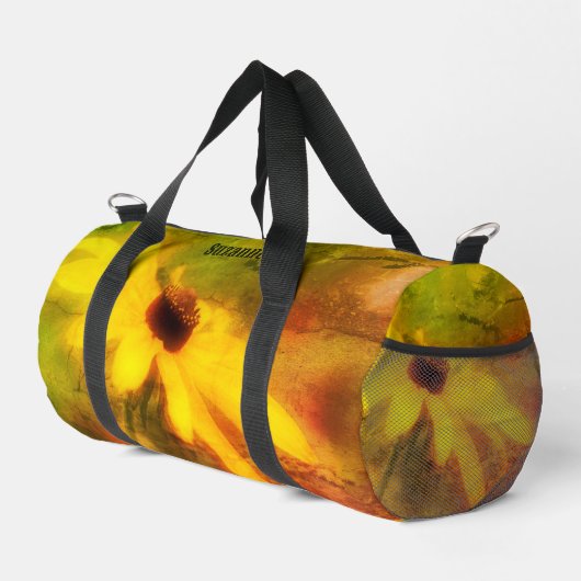 ブラックアイドスーザンデイジー動揺してパーソナライズされた ダッフルバッグ (右コーナー)