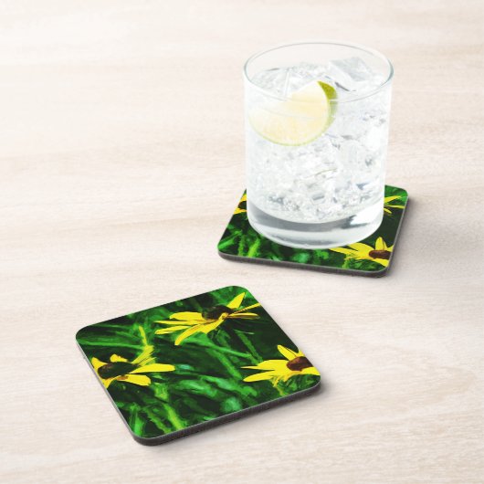 ブラックアイドスーザンワイルドフラワーズ抽象芸術 コースター (右側)