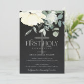 ブラックアイボリーホワイトアクアフローラファーストホーリーコミュニオン 招待状 (スタンド正面)
