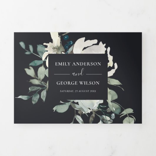 ブラックアイボリーホワイトフローラウォーターカラーバンチ 三つ折り招待状 (カバー)