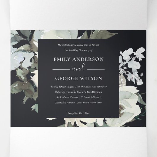 ブラックアイボリーホワイトフローラウォーターカラーバンチ 三つ折り招待状 (内部中)